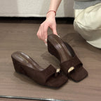 Elegant Premium Square Toe Metal Buckle Toe Loop Slide Sandals For Women, Minimalist Suede Designer Casual Mule Slippers
