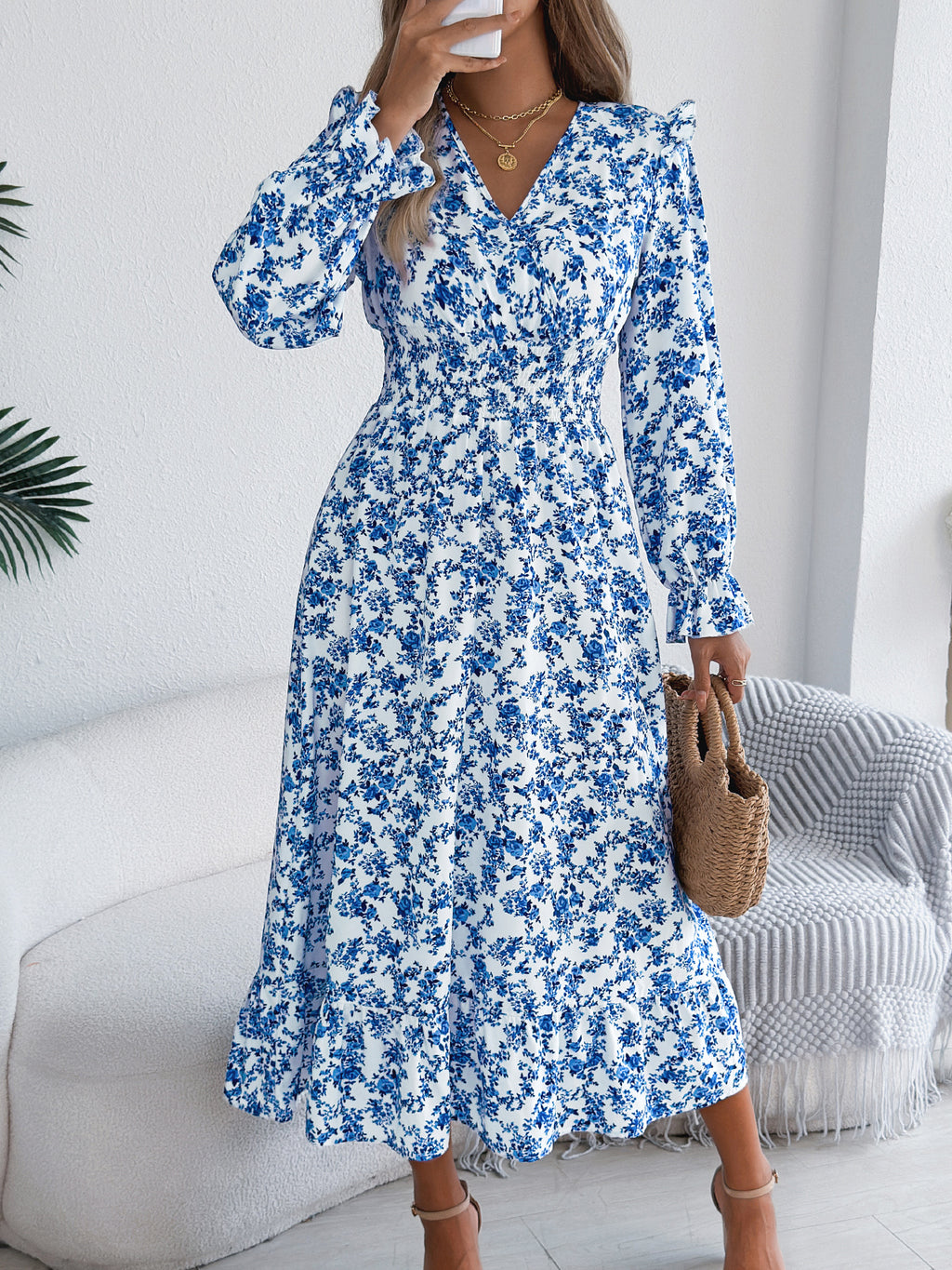 Women's Elegant Floral Cross V-Neck Waist-Defined Hem Ruffle Maxi Dress