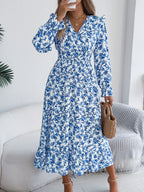Women's Elegant Floral Cross V-Neck Waist-Defined Hem Ruffle Maxi Dress