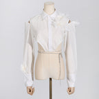 Irregular Design Flower Stitching Tied Shirt For Women