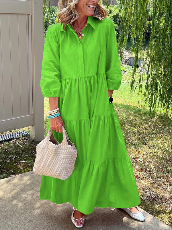 Casual Loose Lapels Mid-sleeve Large Swing Dress