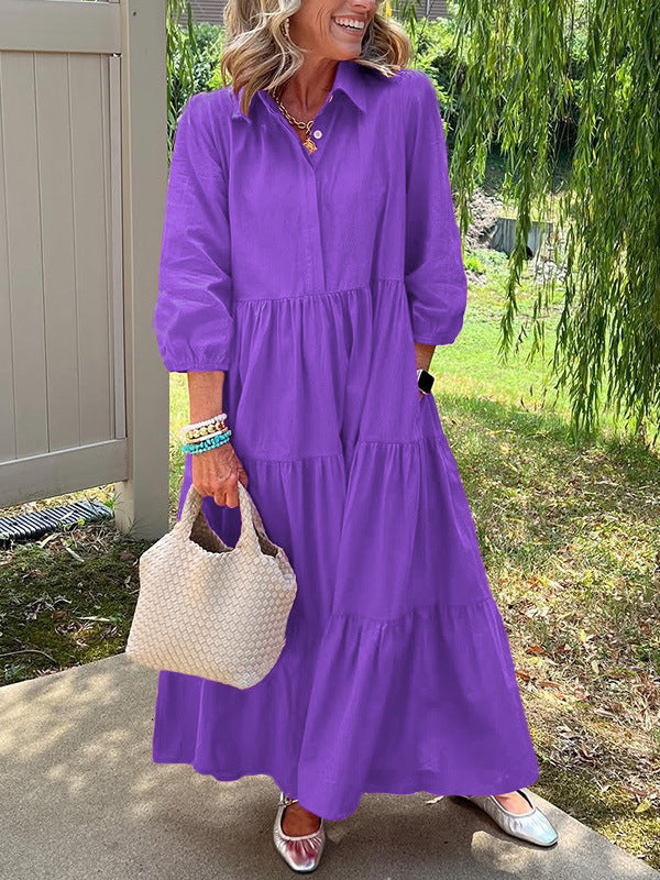 Casual Loose Lapels Mid-sleeve Large Swing Dress