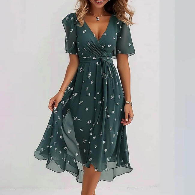 Chiffon Printed Short Sleeve Dress Summer Elegant V-neck Dresses Womens Clothing Main Image