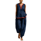 Summer Contrast-Colored Wide-Leg Pants Suit Womens Cotton-Linen Fashionable Two-Piece Set
