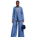 Womens Solid-Color Metal-Button Fashion Suit Pants Set