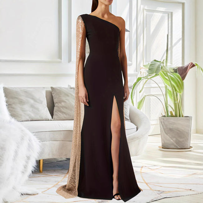 One-shoulder Cloak Slit Black Dress Hover Image