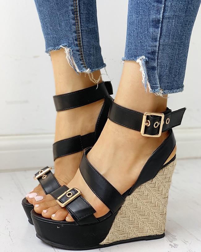 Women Large Size Straw Woven Wedge Heel Super High Heel Sandals Main Image
