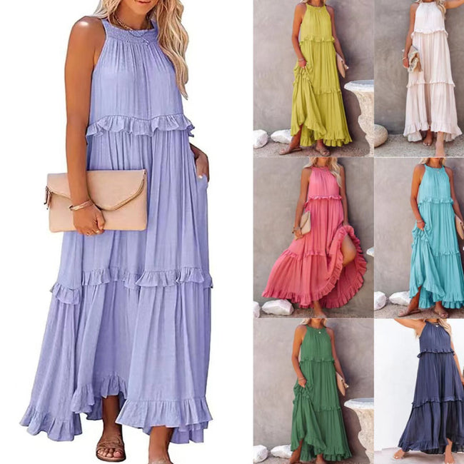 Summer Vacation Style Halter Neck Long Dresses Women Fashion Backless Leace-up Loose Ruffles Beach Dress Elegant Ladies Vestidos Hover Image