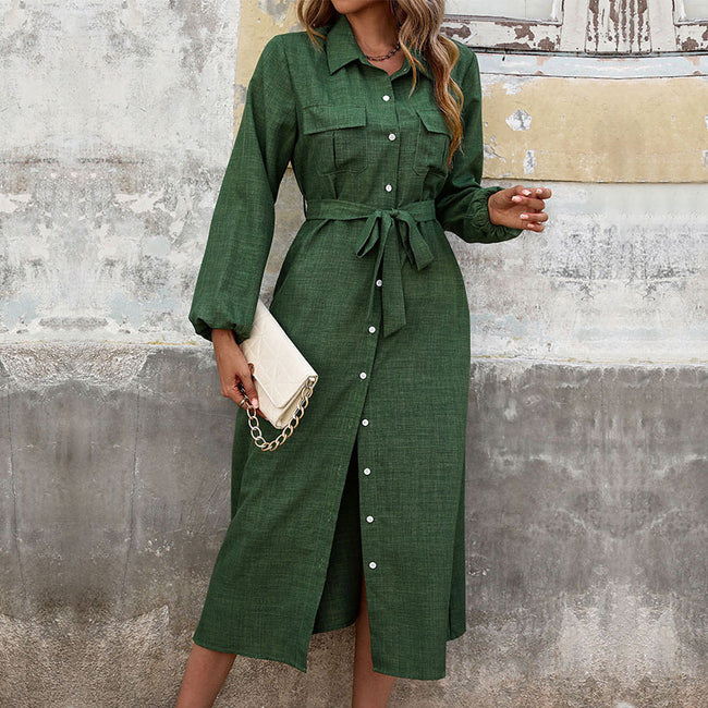 New Women Turn-down Collar Green Long Sleeve Solid Color Dress Main Image