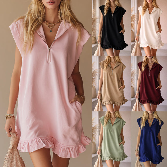 V-Neck Sleeveless Dress - Women's Casual Summer Dress With Two Front Pockets And Back Zipper Closure For Daily Wear Hover Image