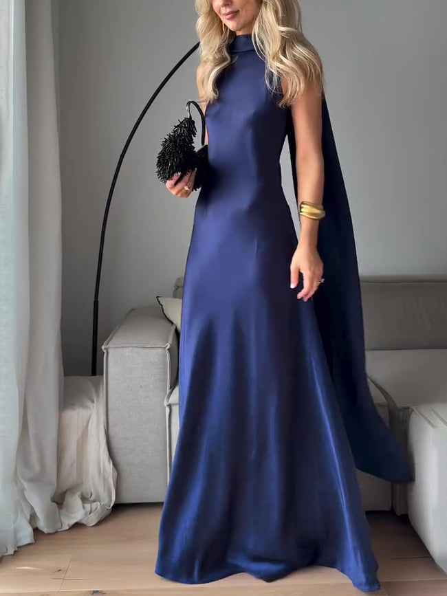 Royal Blue Satin Sleeveless Maxi Dress Hover Image
