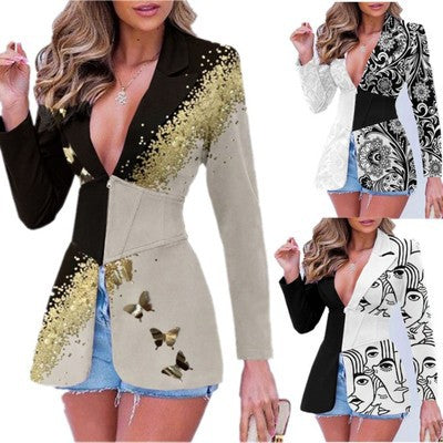 Women's Printed Contrast Color Lapels Blazer Main Image