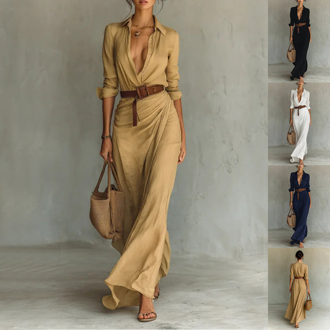 Irregular Long Dress With Belt Fashion And Elegant Button Lapel Long-sleeved Shirt Dresses Daily Office Commuting Clothing For Women Hover Image