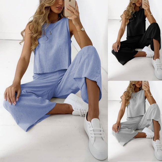 Cotton And Linen Suit Women's Sleeveless Shirt Cropped Wide-leg Pants Two Piece Set Main Image