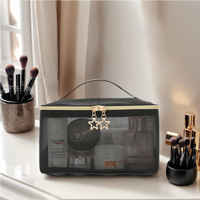 2pcs Versatile Hanging Toiletry Bag Double-Layer Carrying Case Alphabet Style Makeup Bag Black Floral Makeup Bag Portable Cosmetic Bag For Girls Hover Image