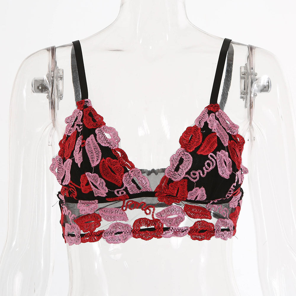 Fashion Lace Vest Red Lip Embroidery V-Neck Slim Sling Women