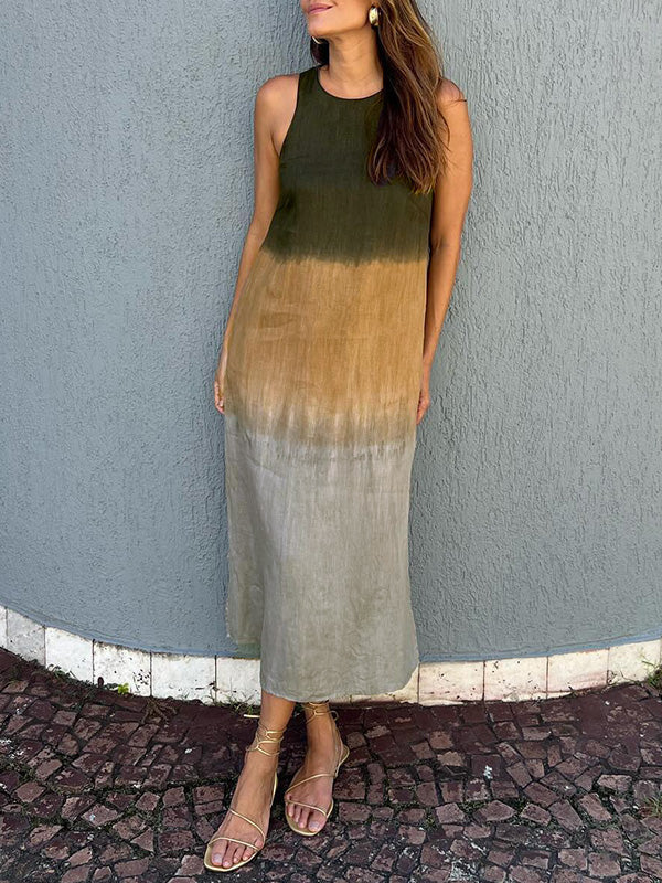 Summer Fashion Round Neck Sleeveless Color Matching Tencel Dress
