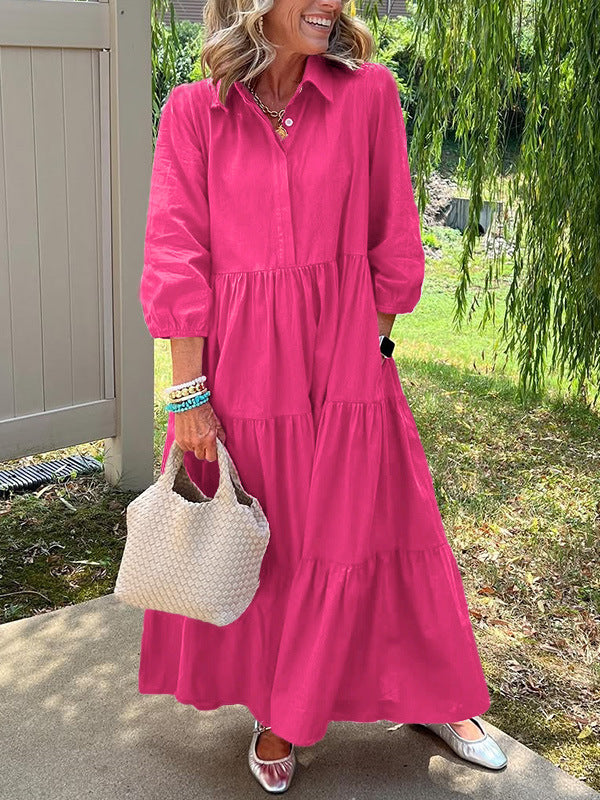 Casual Loose Lapels Mid-sleeve Large Swing Dress