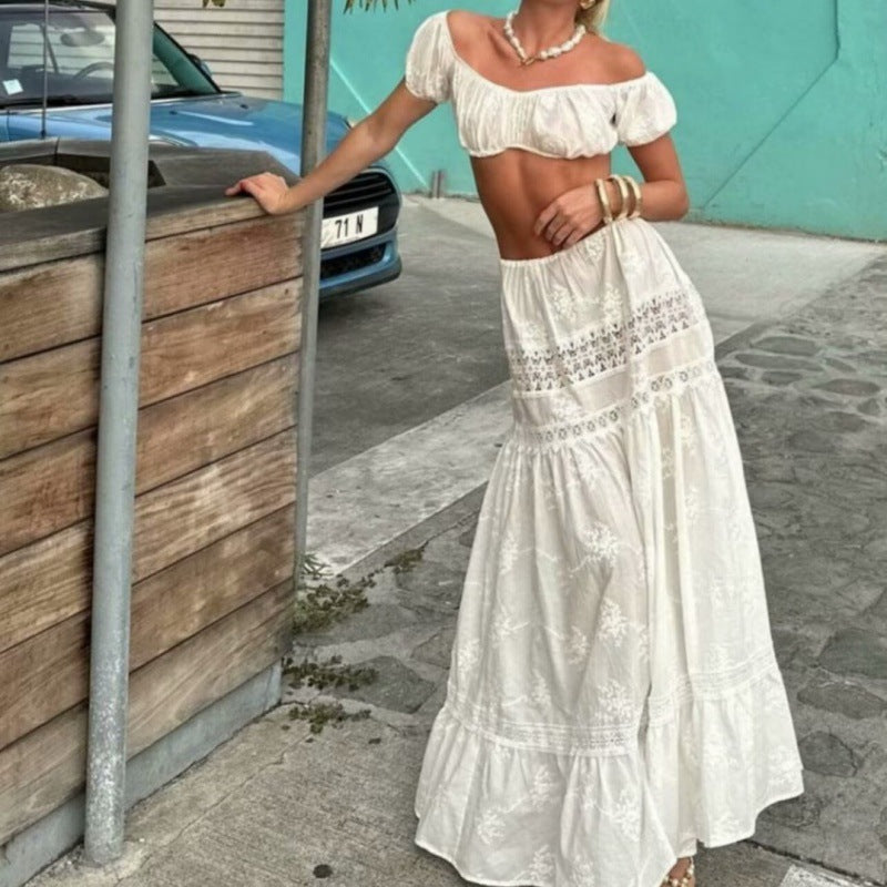 Off-neck Lace Short Small Top High Waist Drawstring Patchwork Long Dress