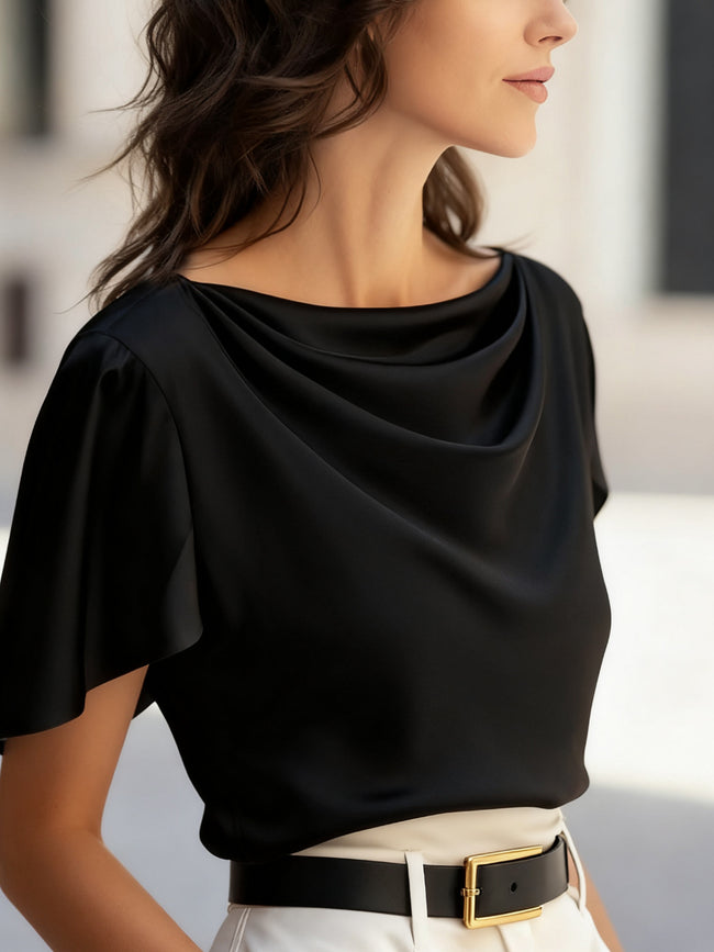 Scoop-neck Draping Short-sleeve Top Casual Shirt For Women Main Image