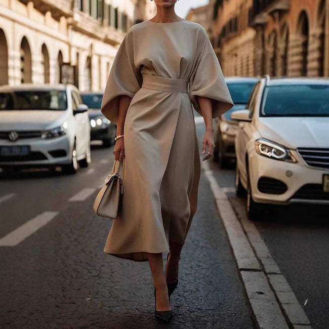 Loose Batwing Sleeve Dress Fashion Waist-tighted Solid Color Elegant Dresses For Women Clothing Hover Image