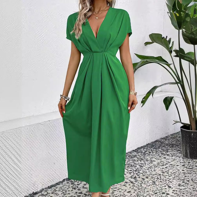 Solid Color Deep V Shoulder Sleeve Folding Elastic Waist Long Dress Hover Image