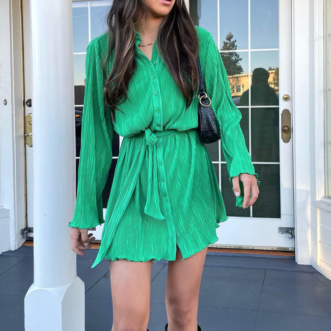 Shirt Dress Women's Flower Print Lace-up Long Sleeve Dress Hover Image