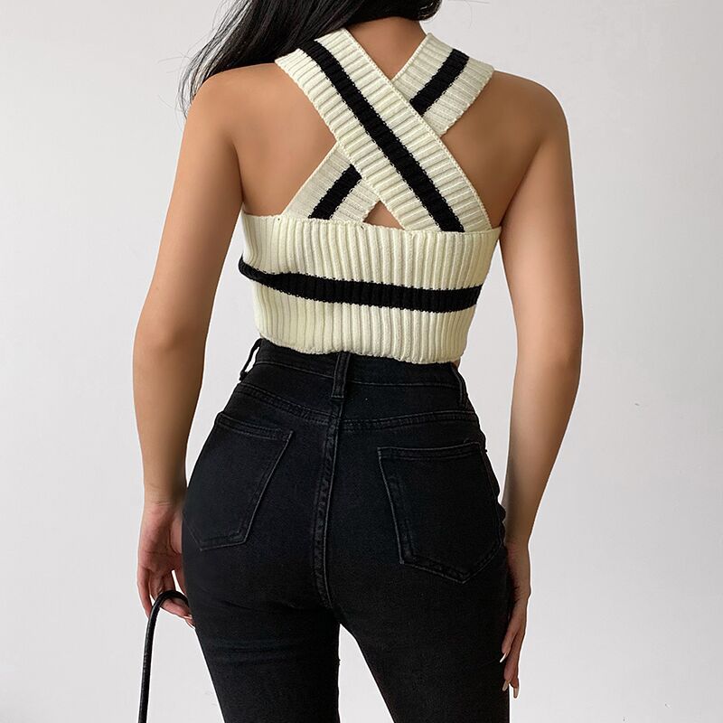 V-neck Knitted Vest Striped Halter Midriff-baring Top Women