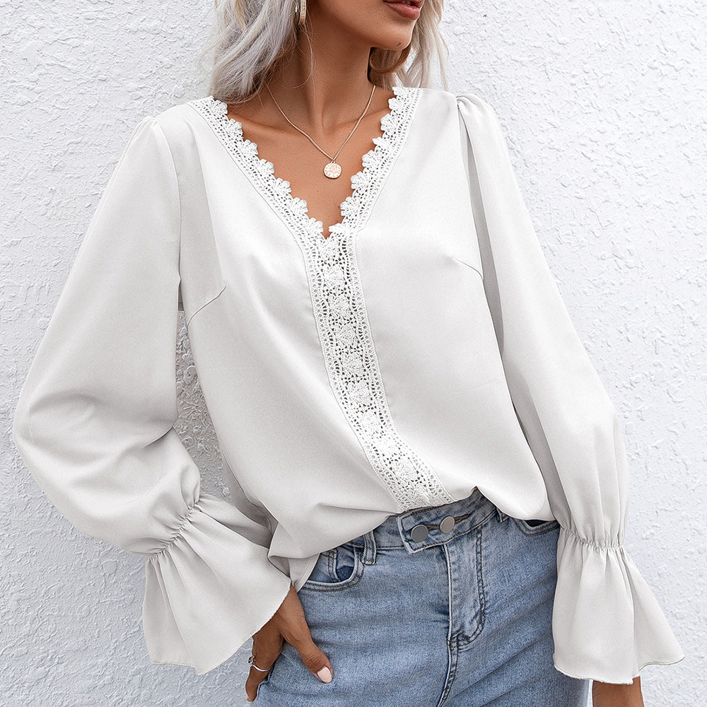 Temperament V-neck Hollow Lace Long-sleeved Shirt Women