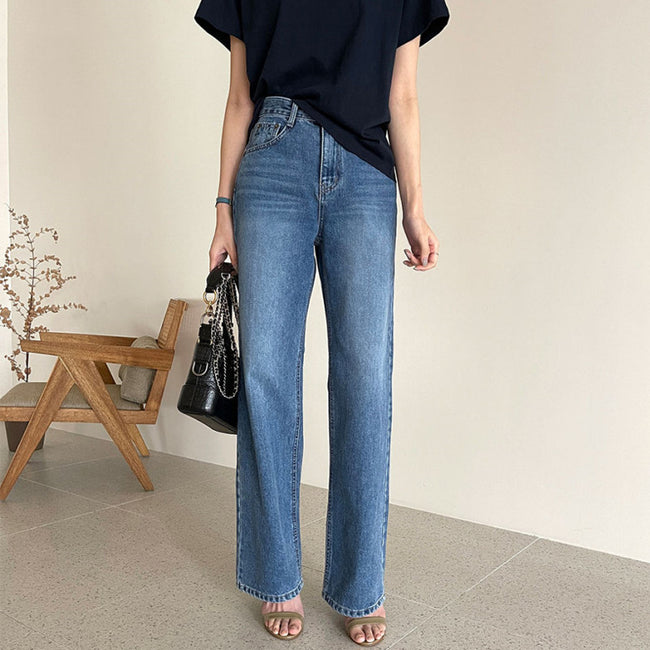 Korean Style Commuter All-match Rolled-up Casual Jeans High Waist Slim Straight Leg Pants Women Main Image