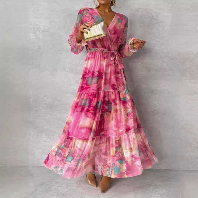 Long-sleeved Floral Print Dress Elegant V-neck Pleated High-waisted Big Swing Chiffon Maxi Dresses For Women Clothing Hover Image