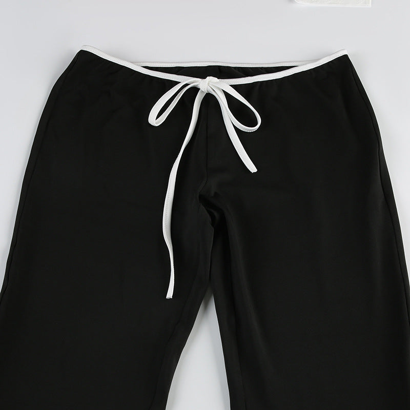 Contrast Color Lace-up Bow Suspenders Trousers Suit Two-piece Set