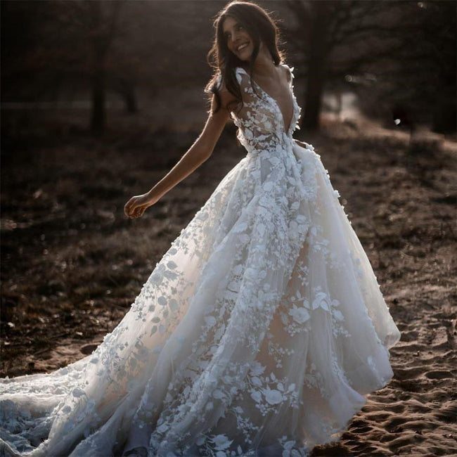 Women's White Lace Wedding Dress Hover Image