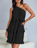 Casual Women's One Off-Shoulder Layered Stitching Hem Dress Simple Solid Color Dress Summer Street High Waist Comfortable Dresses