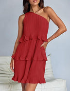 Casual Women's One Off-Shoulder Layered Stitching Hem Dress Simple Solid Color Dress Summer Street High Waist Comfortable Dresses