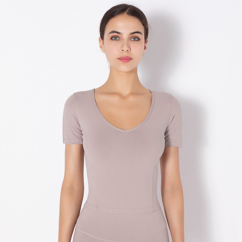 Yoga Sports Short-sleeved Solid Color Stretch Seamless Fitness Training Top Women