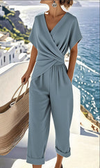 Women's Two Pieces Set Fashion Solid Color Irregular Short Sleeve Suit Summer Fashion V Neck Slim Office Suit Casual Pleated Irregular Top And Pants Female Outfit