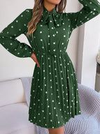 Women's Polka Dot Tie-Waist Long Sleeve Pleated Maxi Dress