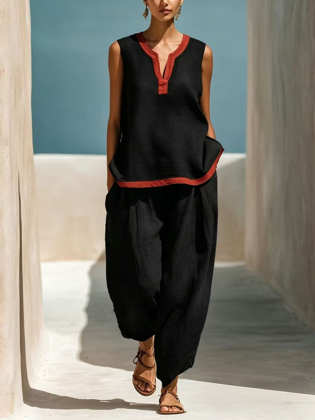 Summer Contrast-Colored Wide-Leg Pants Suit Womens Cotton-Linen Fashionable Two-Piece Set