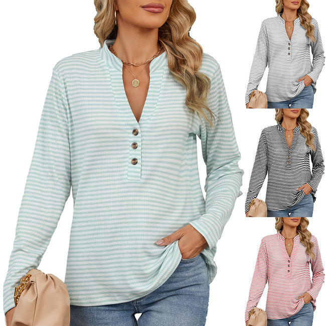 V-neck Buttons Striped Loose Long-sleeved Women Blouse Hover Image