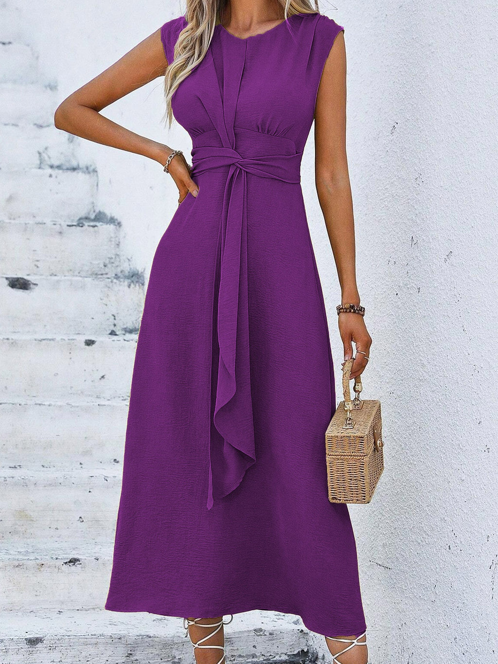 Solid Color Waist Tight Tied Dress Women