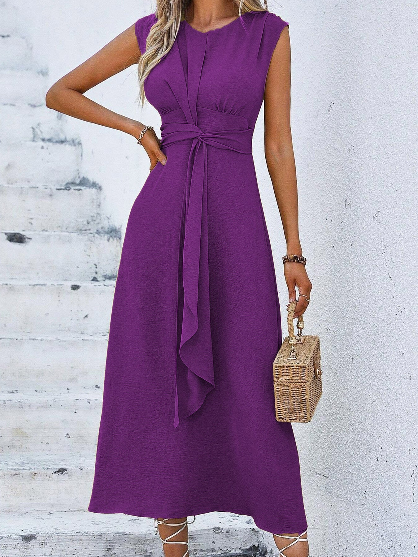 Solid Color Waist Tight Tied Dress Women