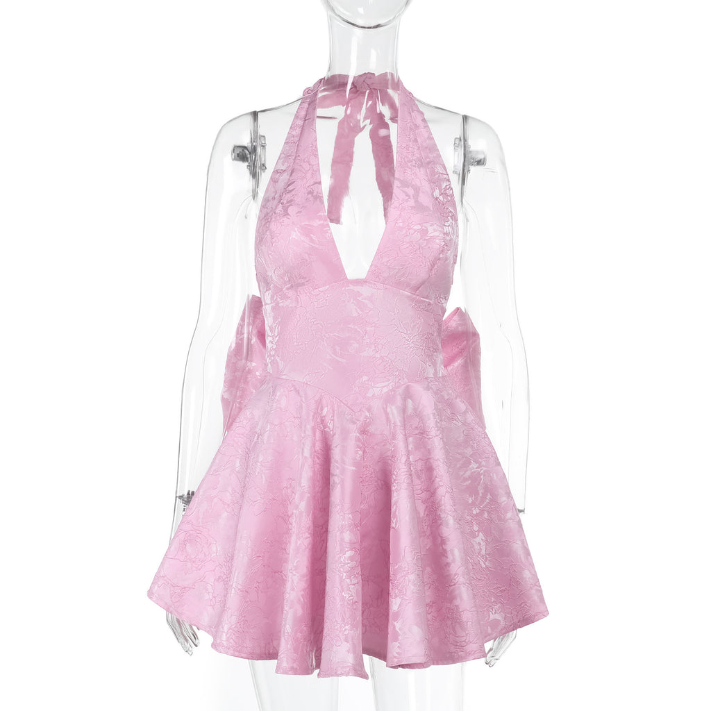 Slim-fit Jacquard Halter Bow Dress Women