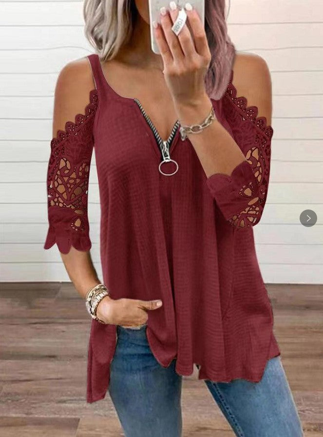 Sexy Summer Half Sleeve Lace Shirt Women Casual Zipper