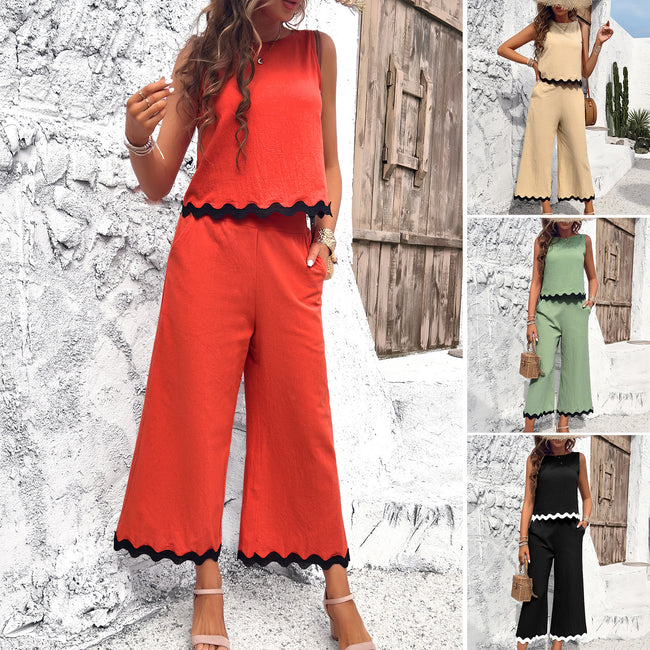 Summer Wave Print Suit Sleeveless Top And Straight Trousers Fashion Casual Solid Color 2pcs Set For Womens Clothing Hover Image