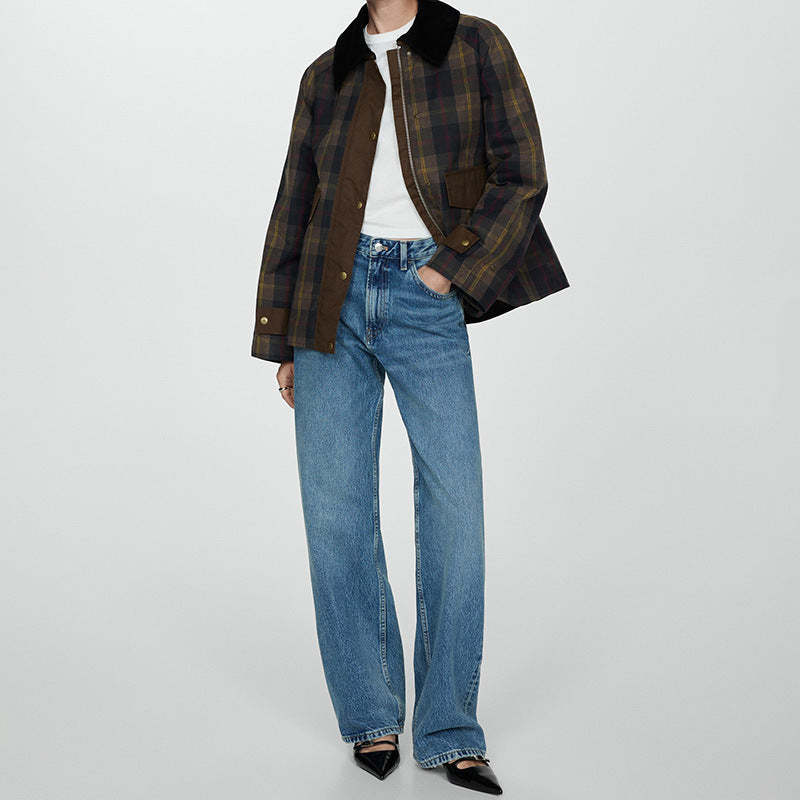 Autumn And Winter Plaid Fur Collar Cotton-padded Coat
