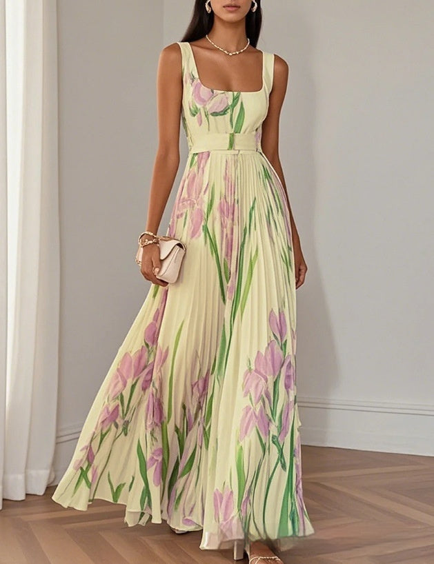 Floral Print Pleated Dress Summer A-Line Sleeveless Midi Dresses Women's Clothing Main Image