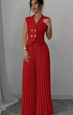 Summer Sleeveless Suit Fashion Lapel Button Vest Top And Pleated Straight Pants Women's Trousers Set Clothing