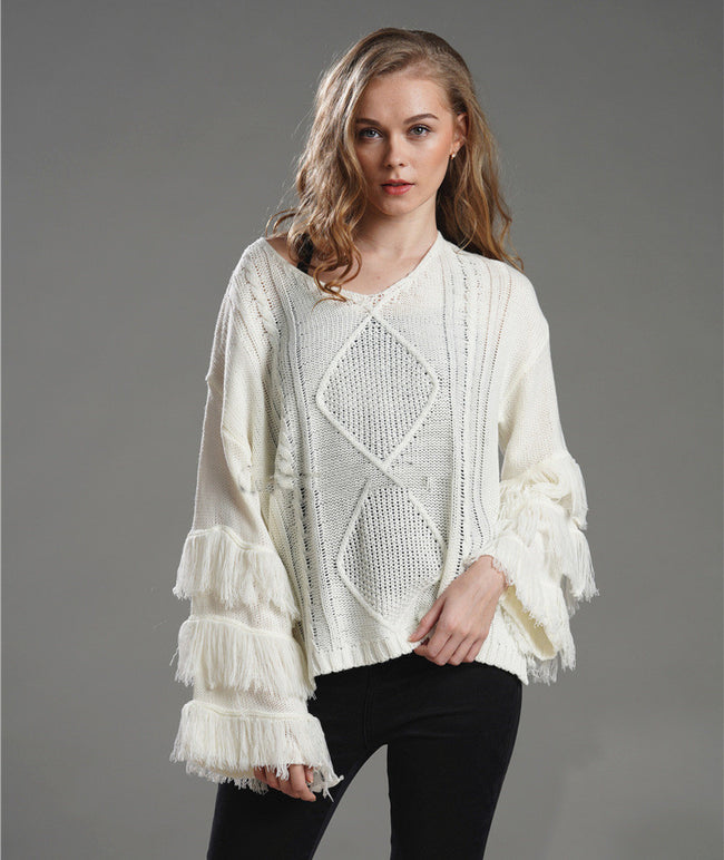 Pullover Loose Sweater Women Tassel Pure Color Main Image