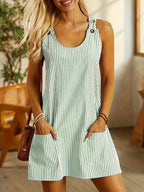 Summer Fashion Striped Patchwork Commuting U-Neck Sleeveless Pockets Back Button Casual Straight Slimming Mini Dress For Women